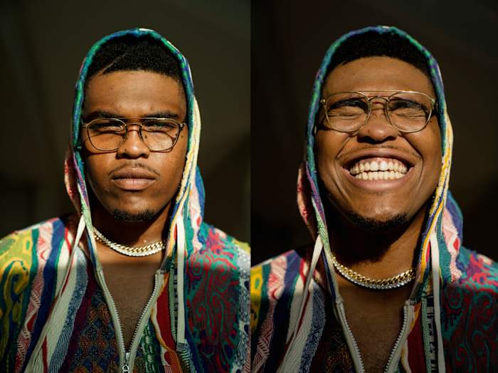 Orlando Brown Jr. in two portraits, one with a serious look and one with a large smile